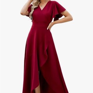 Miusol Burgundy V-Neck High-Low Maxi Dress with Flutter Sleeves